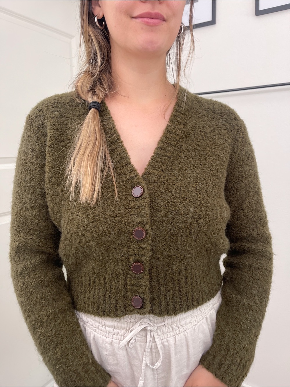 Nina Leonard Olive Green Wool Blend Cozy Button Cardigan - Picture 4 of 5